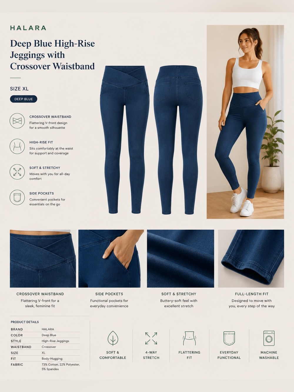 HALARA Deep Blue High-Rise Jeggings with Crossover Waistband Size XL